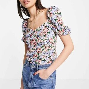 & Other Stories Floral Puffsleeve Ruched Top Size S